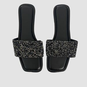 Black Silver Glam Sparkle Rhinestone Embellished Slide Sandals EU 42 / US 11.5